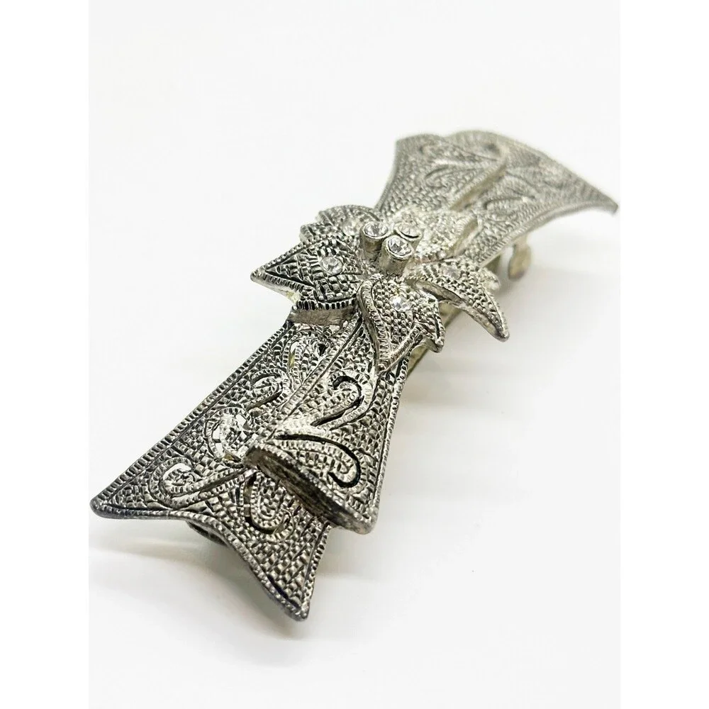 Floral Hair Barrette Marcasite Look With Rhinestones 3.25